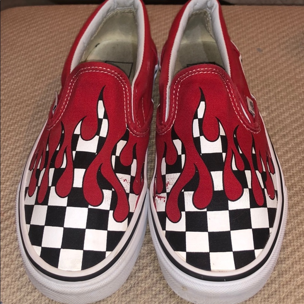 Checker Flame Slip Ons Vans